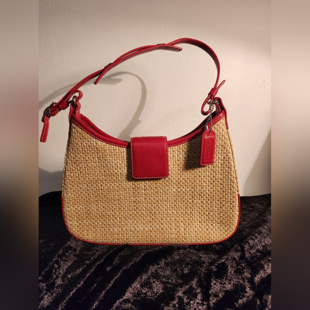Coach Vintage Y2k Woven Straw Red Leather Shoulder Bag - Picture 3 of 11